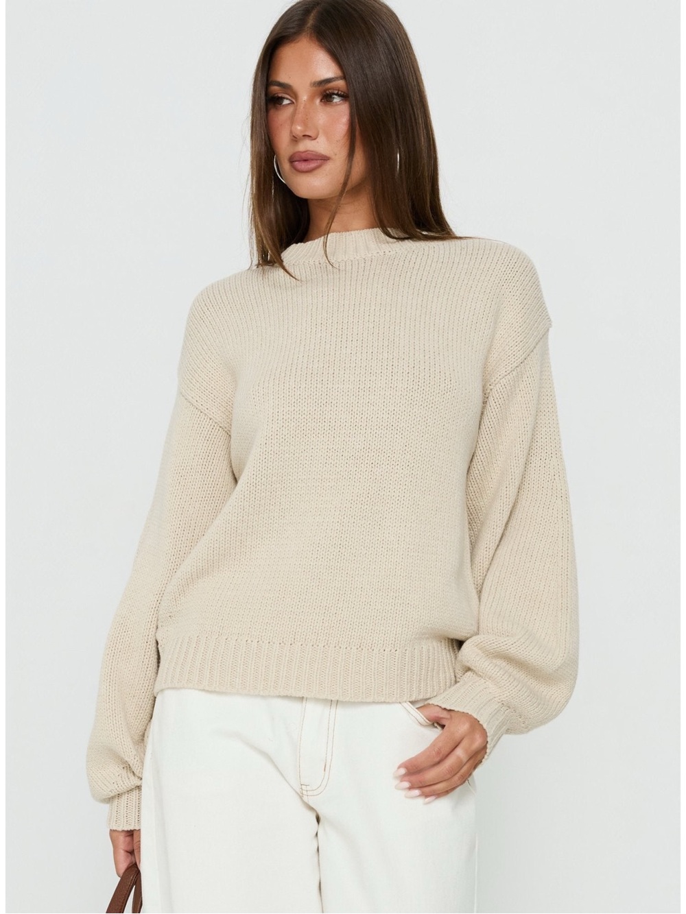 Sz L/XL Princess Polly Harmony Balloon Sleeve Knit Crewneck Sweater In Beige NWT - Picture 5 of 8